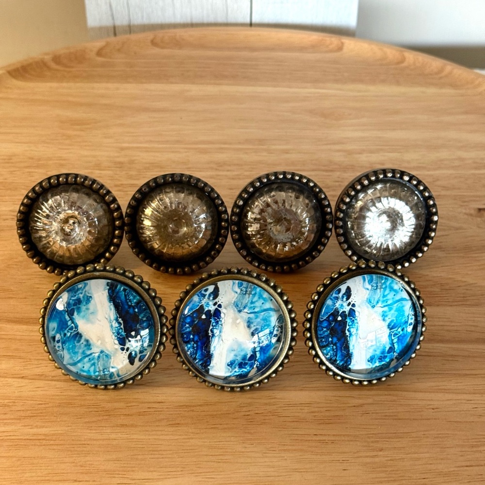 Set of 7/Caribbean Blue & White Fused Glass & Antique Bronze Beaded Drawer Pulls